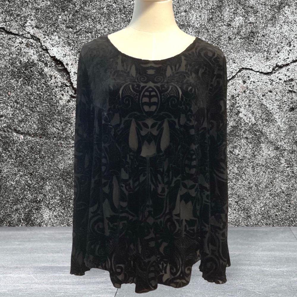 Ultra Pink Black Burnout Velvet Damask Long Sleeve Bell Sleeve Top Blouse Large